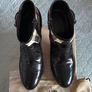 Burberry Black Leather Ankle Boots with Check Pattern